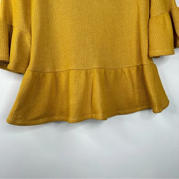 THML Womens Medium Mustard Yellow Peplum Pullover Top 3/4 Bell Sleeves - Picture 3 of 8